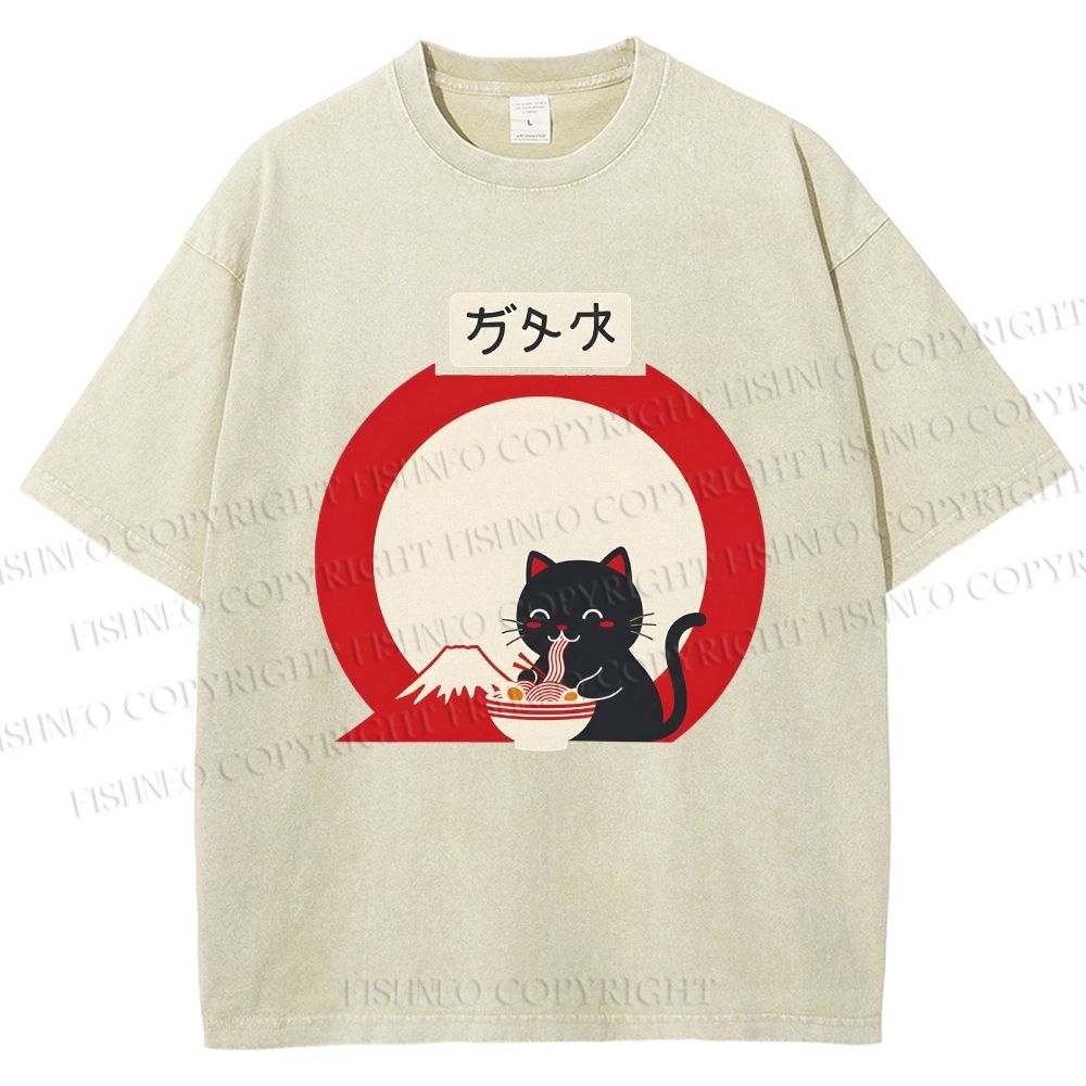 Unisex Japanese Ramen Cat Printed Washed Tee