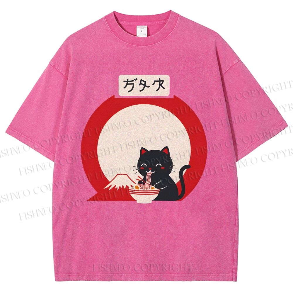 Unisex Japanese Ramen Cat Printed Washed Tee