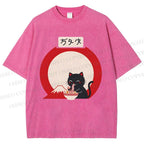 Unisex Japanese Ramen Cat Printed Washed Tee