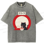 Unisex Japanese Ramen Cat Printed Washed Tee
