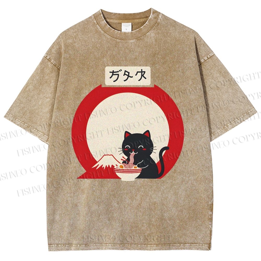 Unisex Japanese Ramen Cat Printed Washed Tee
