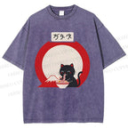Unisex Japanese Ramen Cat Printed Washed Tee