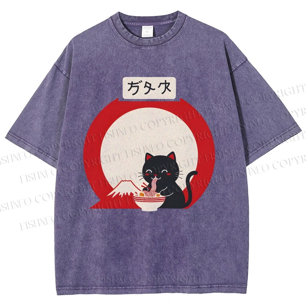 Unisex Japanese Ramen Cat Printed Washed Tee