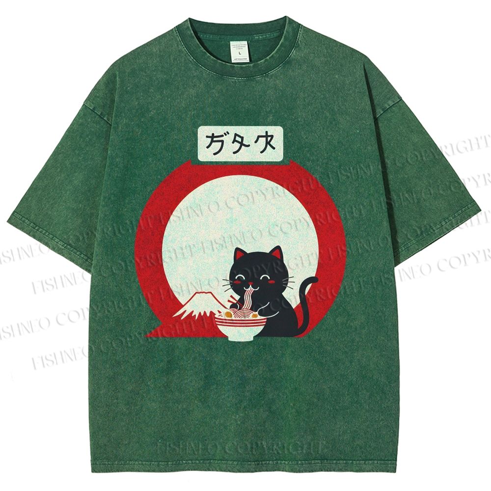 Unisex Japanese Ramen Cat Printed Washed Tee