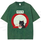 Unisex Japanese Ramen Cat Printed Washed Tee