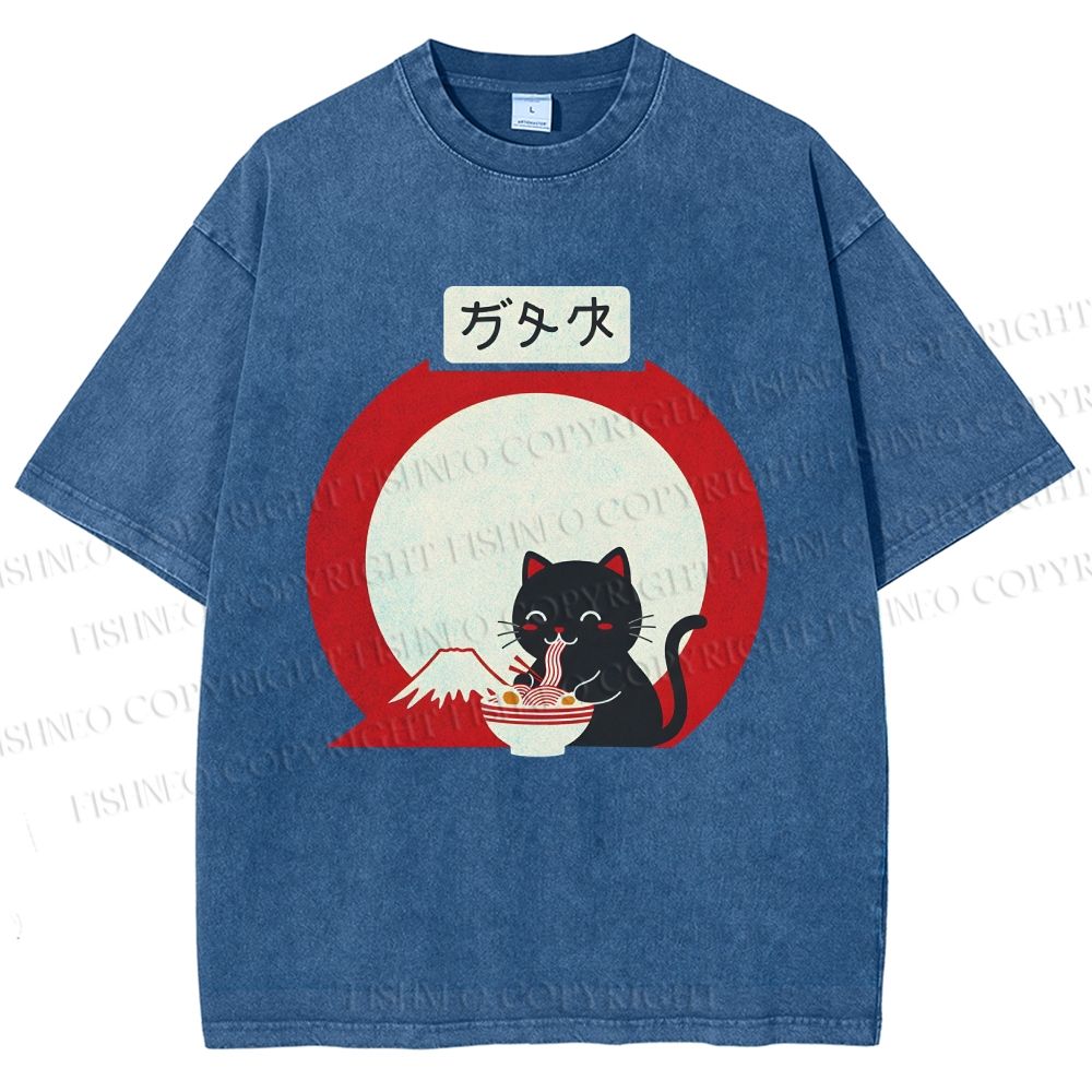 Unisex Japanese Ramen Cat Printed Washed Tee
