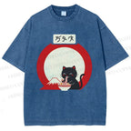 Unisex Japanese Ramen Cat Printed Washed Tee