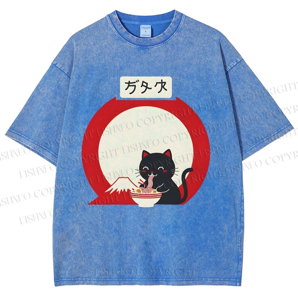 Unisex Japanese Ramen Cat Printed Washed Tee