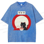 Unisex Japanese Ramen Cat Printed Washed Tee