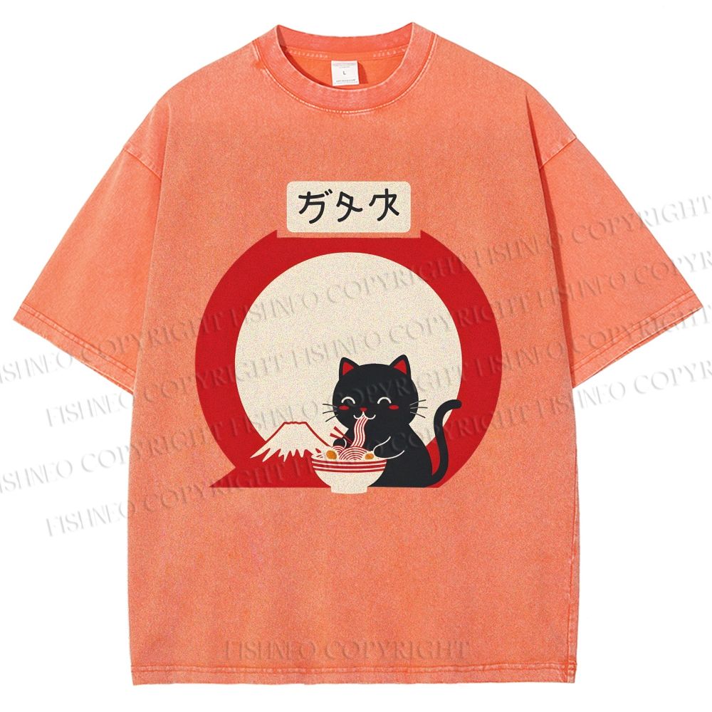 Unisex Japanese Ramen Cat Printed Washed Tee