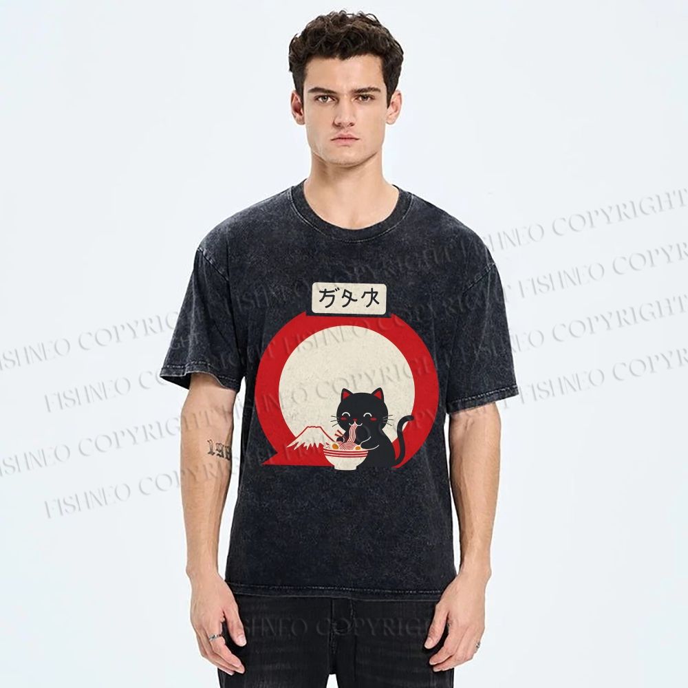Unisex Japanese Ramen Cat Printed Washed Tee