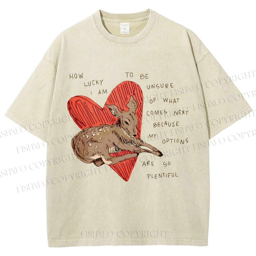 Unisex Heart Lucky Deer Printed Washed Tee
