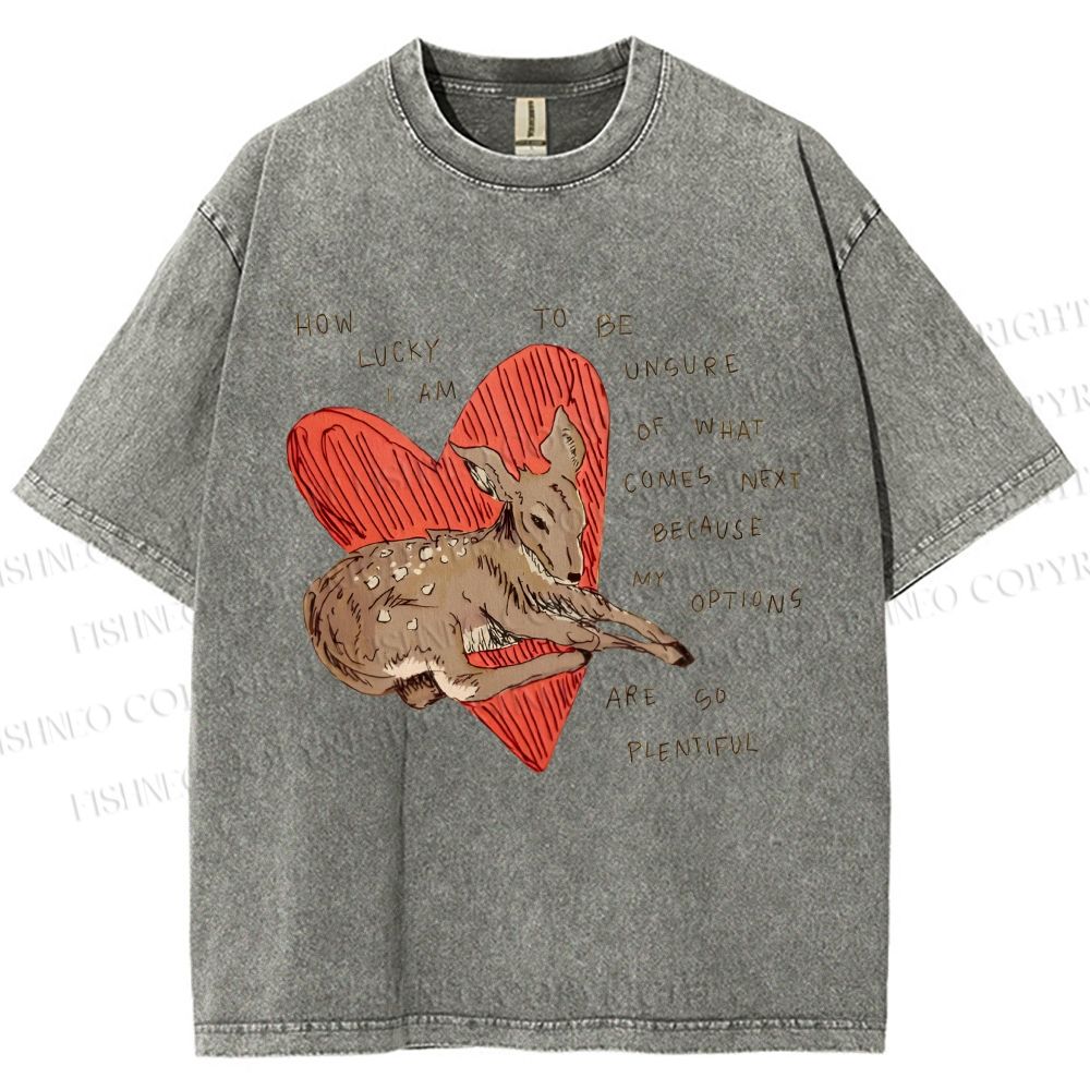 Unisex Heart Lucky Deer Printed Washed Tee