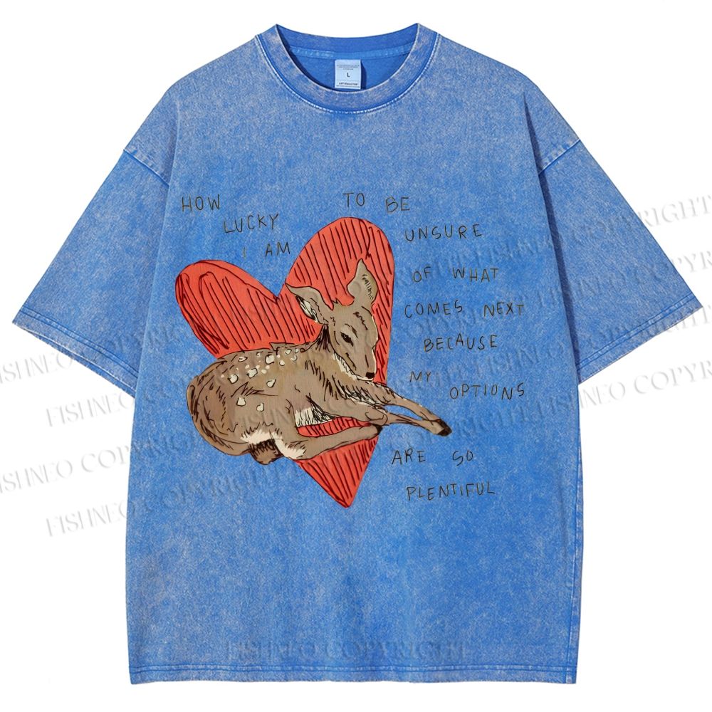 Unisex Heart Lucky Deer Printed Washed Tee