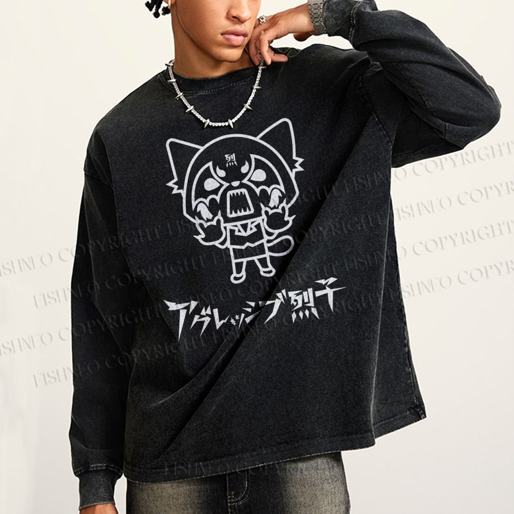 Unisex Casual Washed Aggretsuko Printed Long Sleeve T-shirt