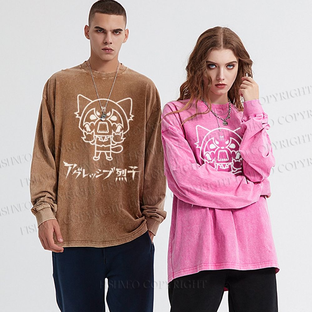 Unisex Casual Washed Aggretsuko Printed Long Sleeve T-shirt