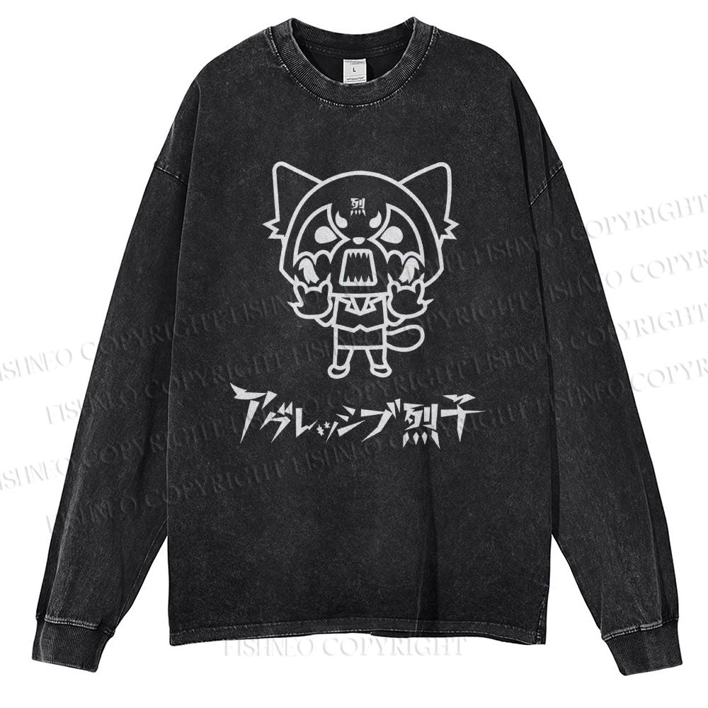 Unisex Casual Washed Aggretsuko Printed Long Sleeve T-shirt