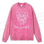 Unisex Casual Washed Aggretsuko Printed Long Sleeve T-shirt