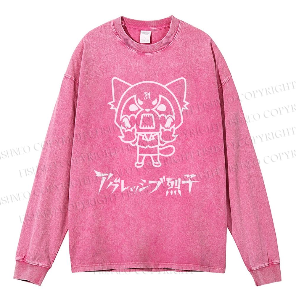 Unisex Casual Washed Aggretsuko Printed Long Sleeve T-shirt