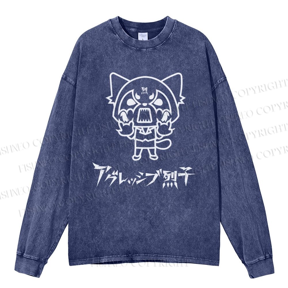 Unisex Casual Washed Aggretsuko Printed Long Sleeve T-shirt