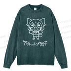 Unisex Casual Washed Aggretsuko Printed Long Sleeve T-shirt