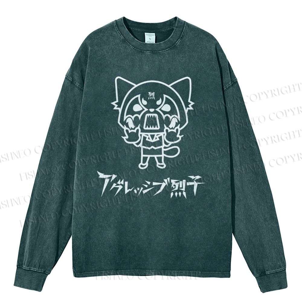 Unisex Casual Washed Aggretsuko Printed Long Sleeve T-shirt