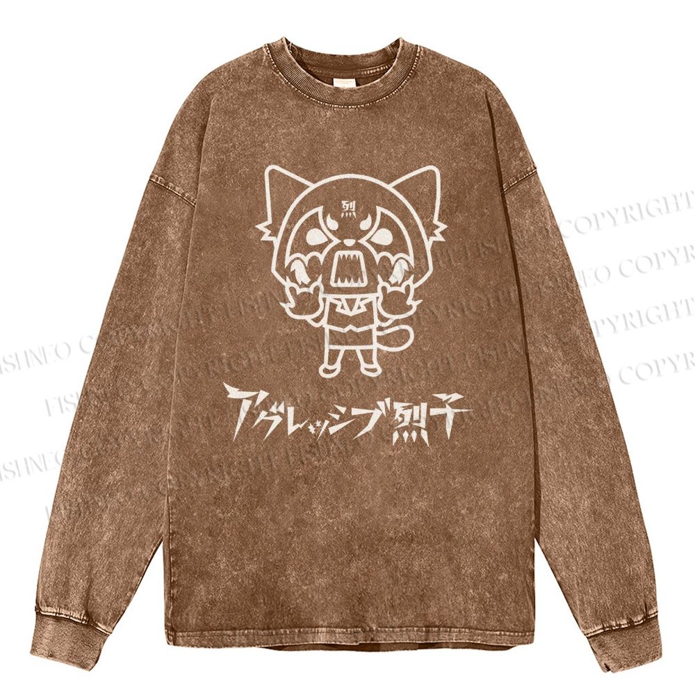 Unisex Casual Washed Aggretsuko Printed Long Sleeve T-shirt
