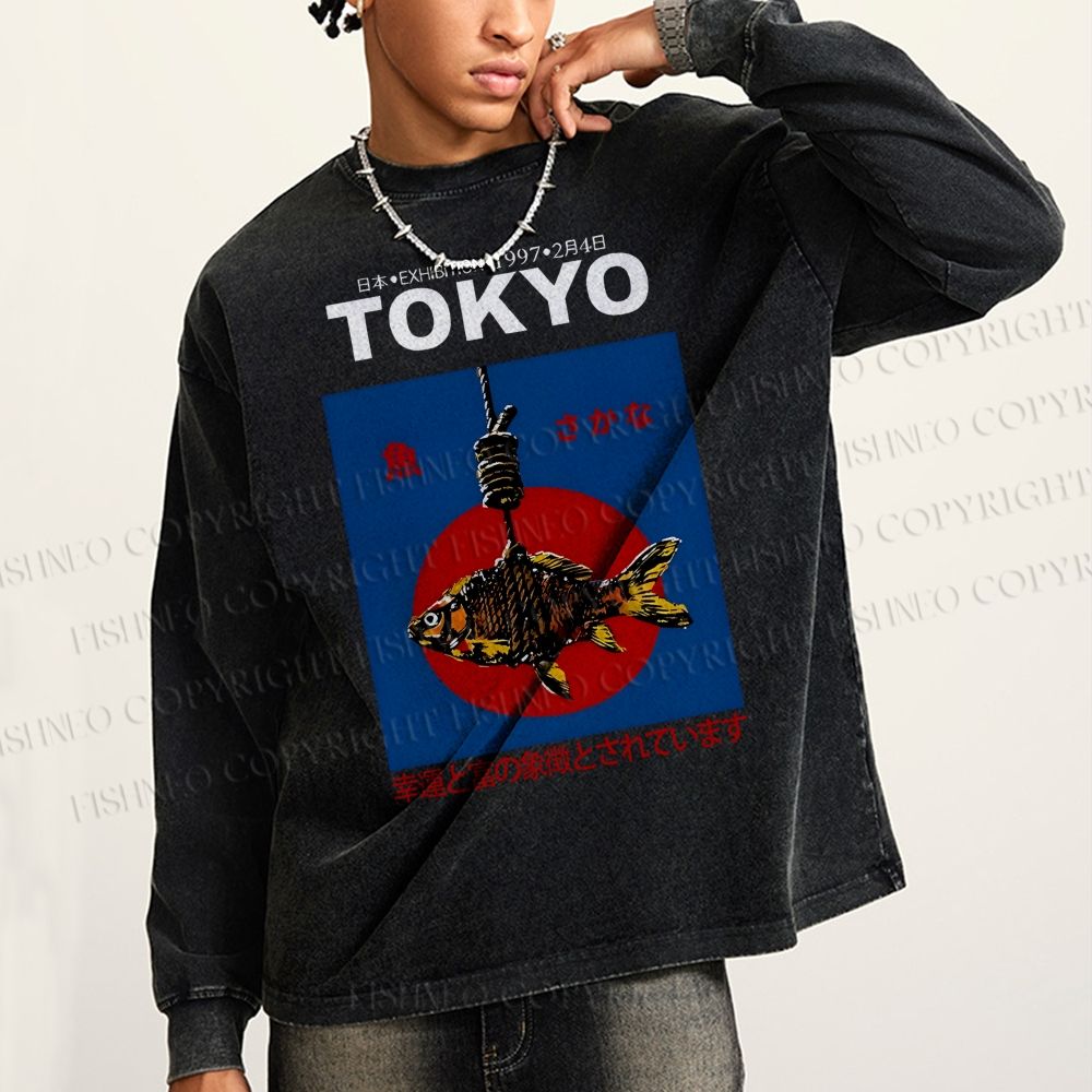 Unisex Casual Washed 1997 Tokyo fish retro Japanese Vintage Printed Long Sleeve T-shirt