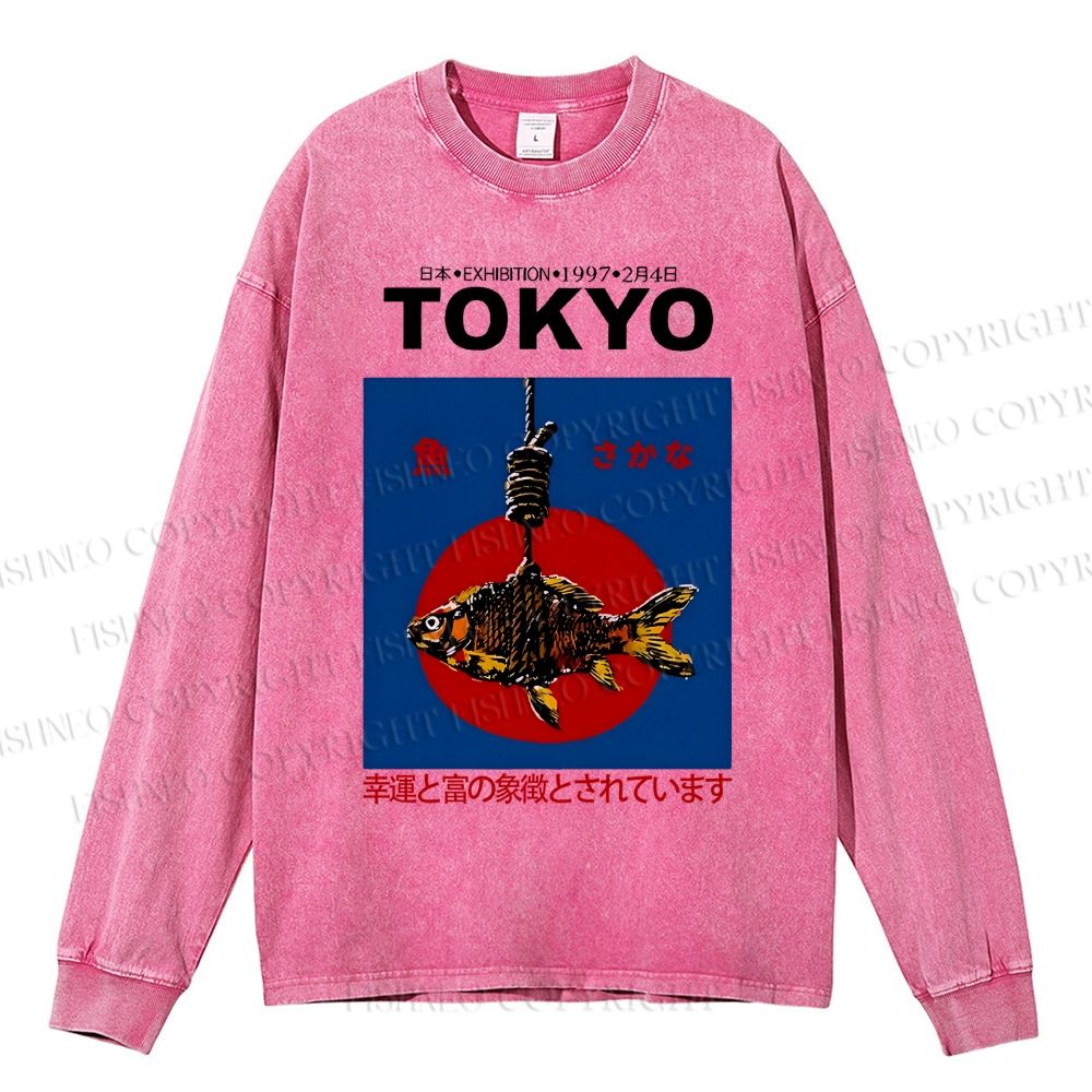 Unisex Casual Washed 1997 Tokyo fish retro Japanese Vintage Printed Long Sleeve T-shirt