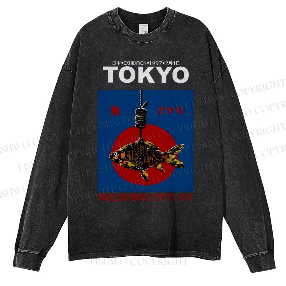 Unisex Casual Washed 1997 Tokyo fish retro Japanese Vintage Printed Long Sleeve T-shirt