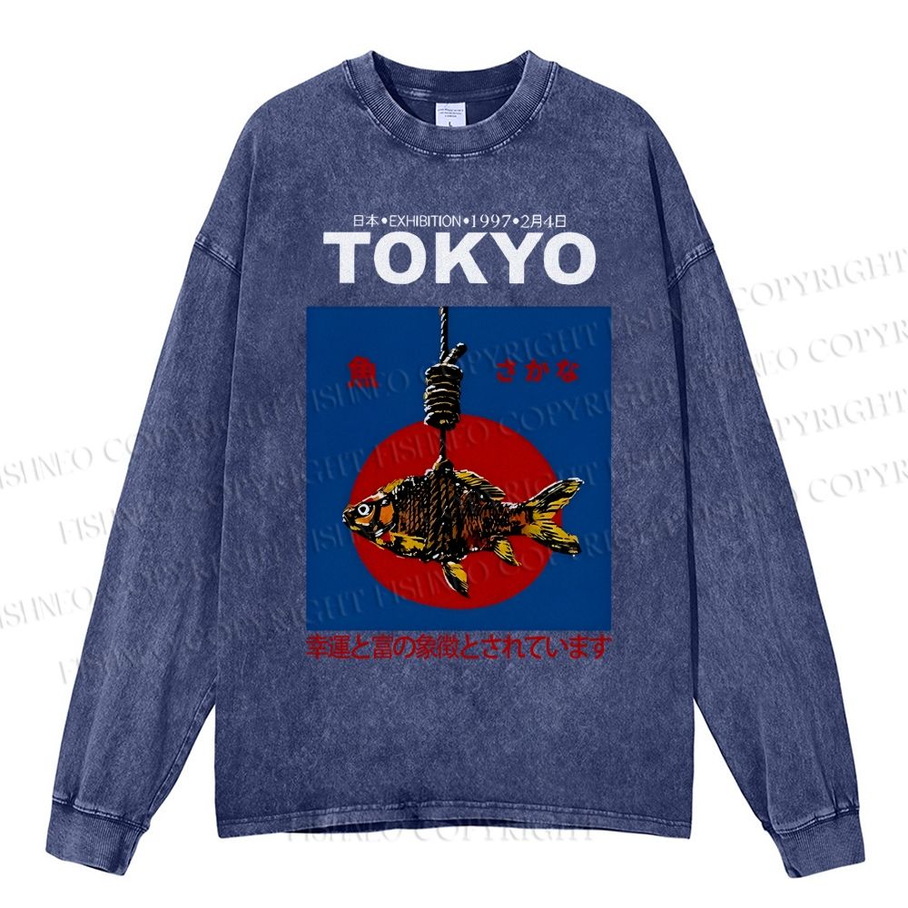 Unisex Casual Washed 1997 Tokyo fish retro Japanese Vintage Printed Long Sleeve T-shirt