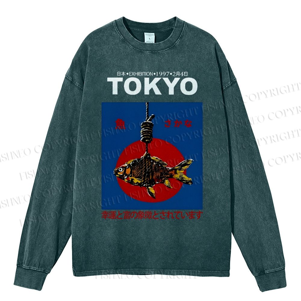 Unisex Casual Washed 1997 Tokyo fish retro Japanese Vintage Printed Long Sleeve T-shirt