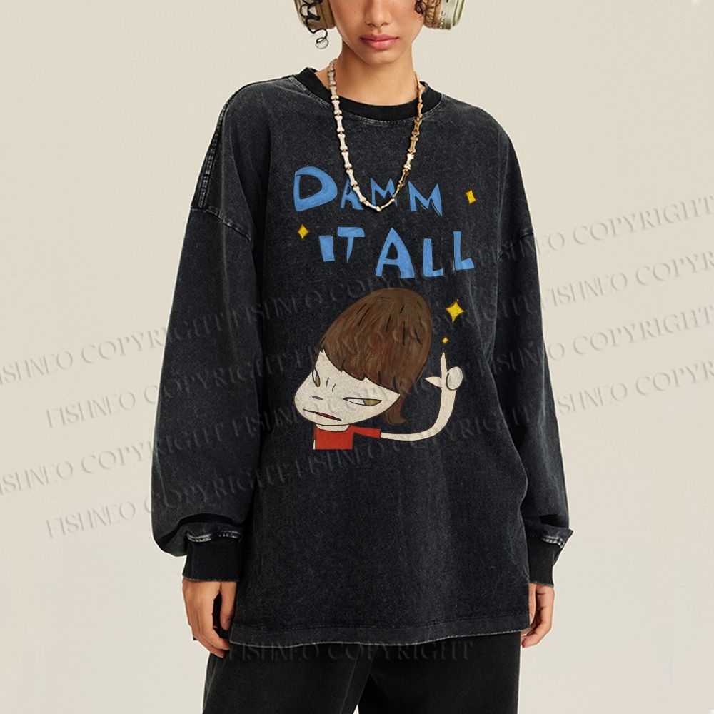 Unisex Casual Washed Japanese Art Yoshitomo Nara Damn It All Printed Long Sleeve T-shirt