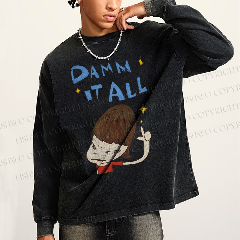Unisex Casual Washed Japanese Art Yoshitomo Nara Damn It All Printed Long Sleeve T-shirt