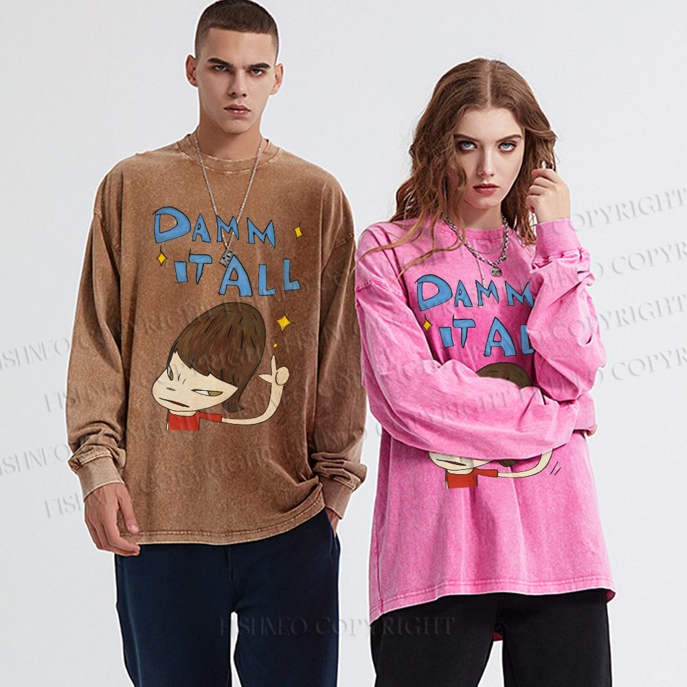 Unisex Casual Washed Japanese Art Yoshitomo Nara Damn It All Printed Long Sleeve T-shirt