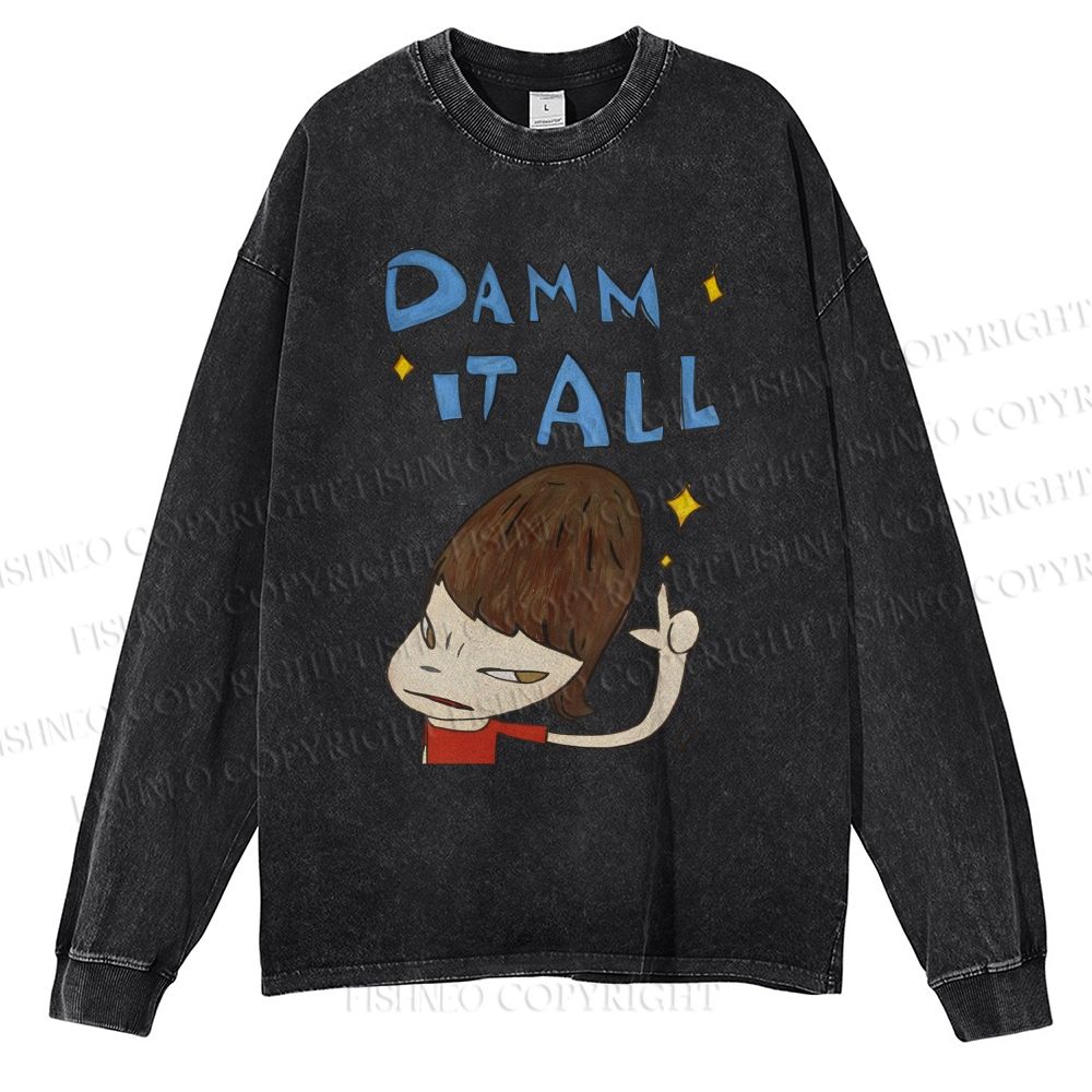 Unisex Casual Washed Japanese Art Yoshitomo Nara Damn It All Printed Long Sleeve T-shirt