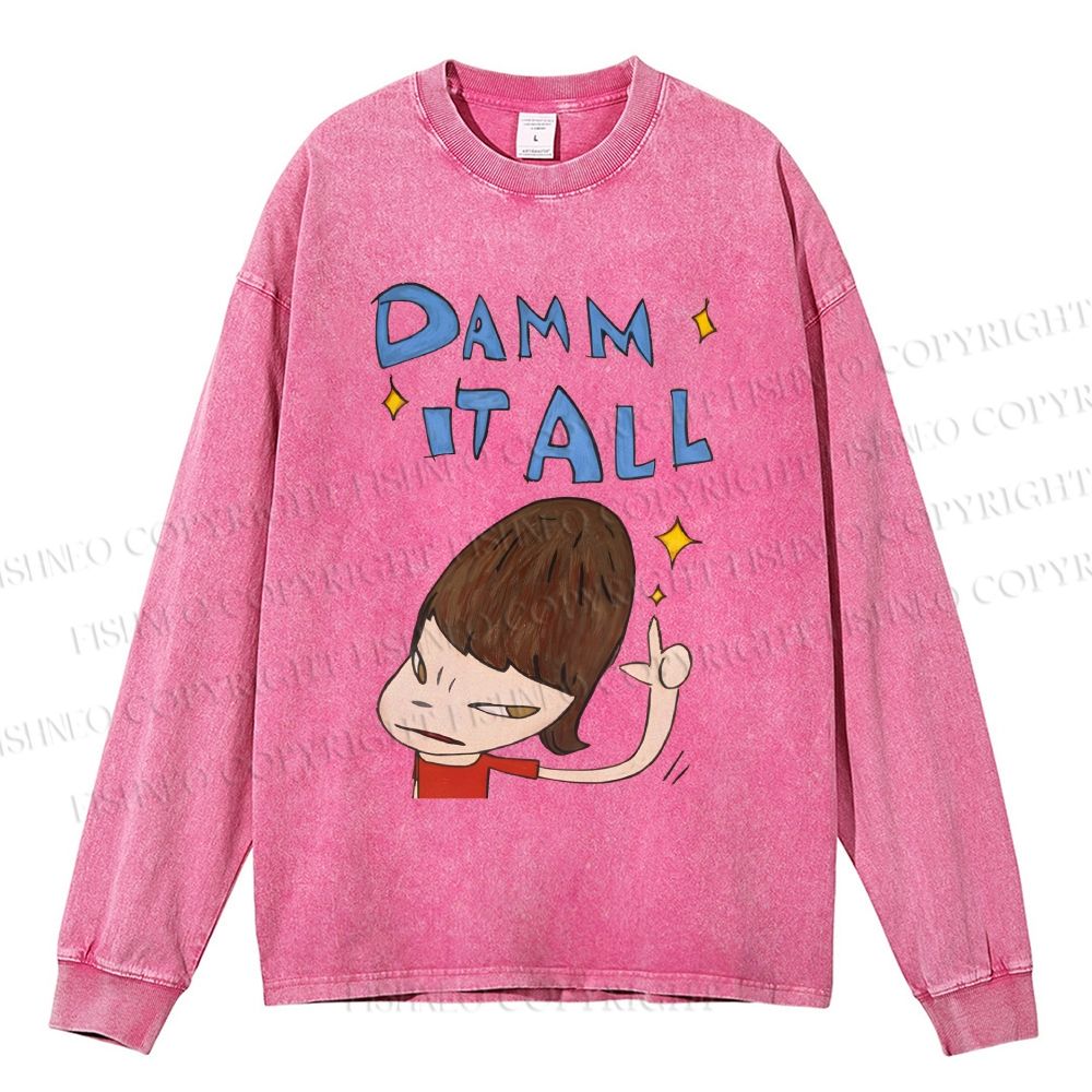 Unisex Casual Washed Japanese Art Yoshitomo Nara Damn It All Printed Long Sleeve T-shirt