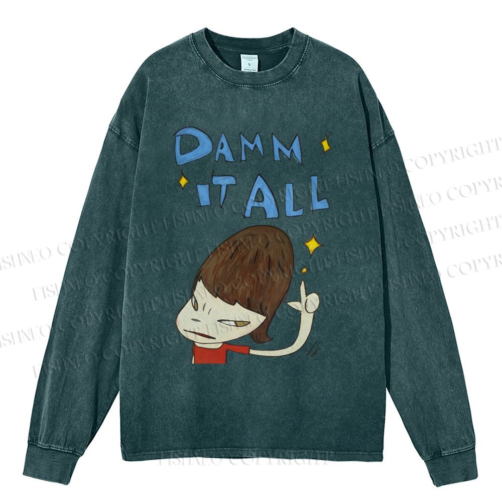 Unisex Casual Washed Japanese Art Yoshitomo Nara Damn It All Printed Long Sleeve T-shirt