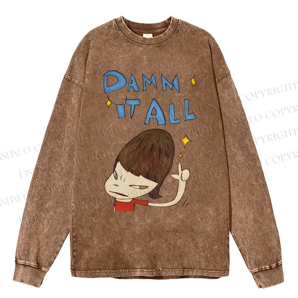 Unisex Casual Washed Japanese Art Yoshitomo Nara Damn It All Printed Long Sleeve T-shirt