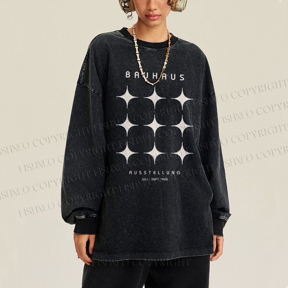 Unisex Casual Washed Bauhaus Design Star Printed Long Sleeve T-shirt