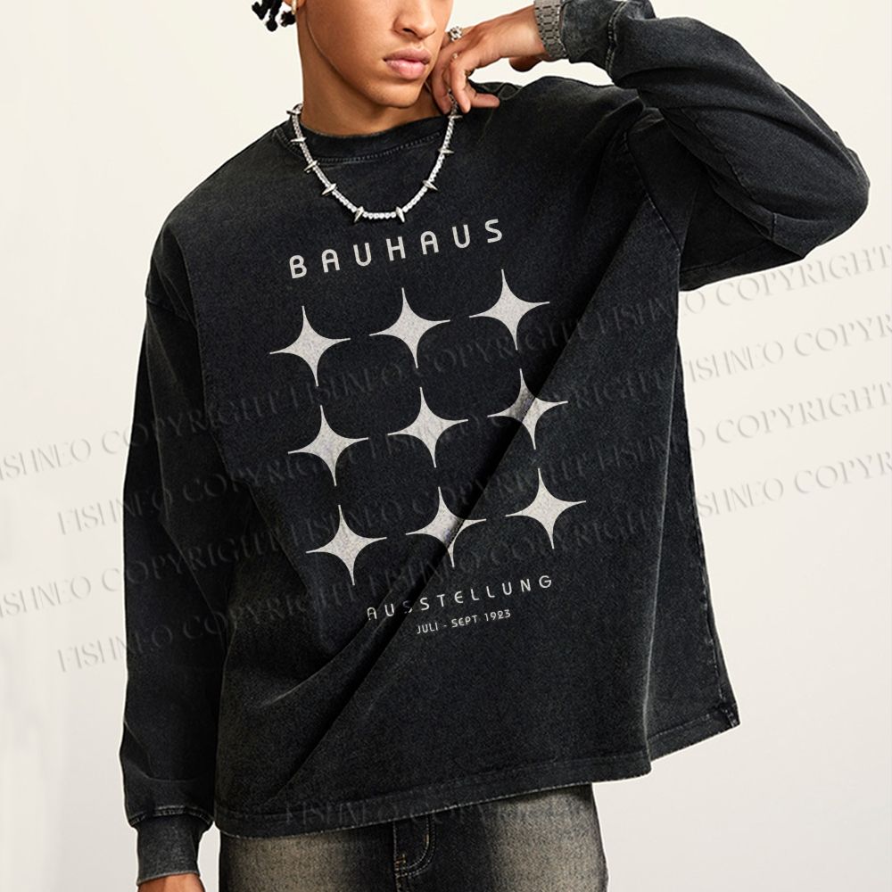 Unisex Casual Washed Bauhaus Design Star Printed Long Sleeve T-shirt