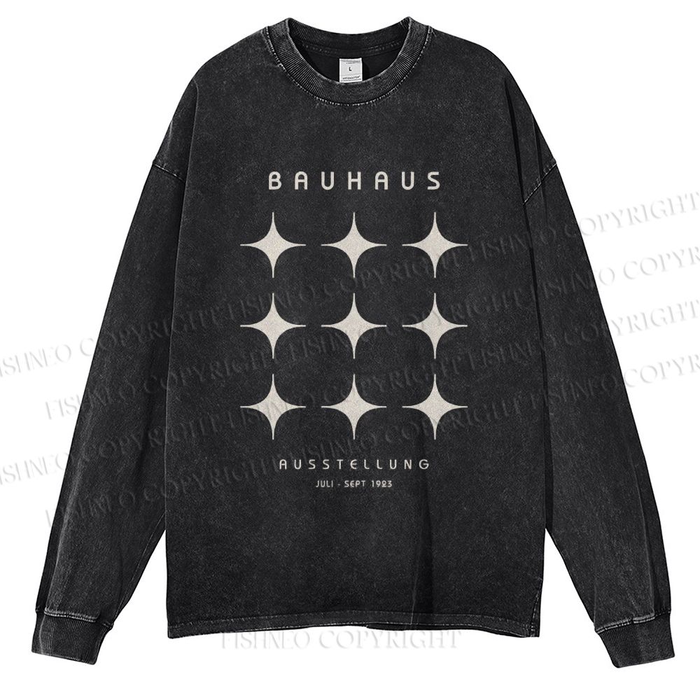 Unisex Casual Washed Bauhaus Design Star Printed Long Sleeve T-shirt