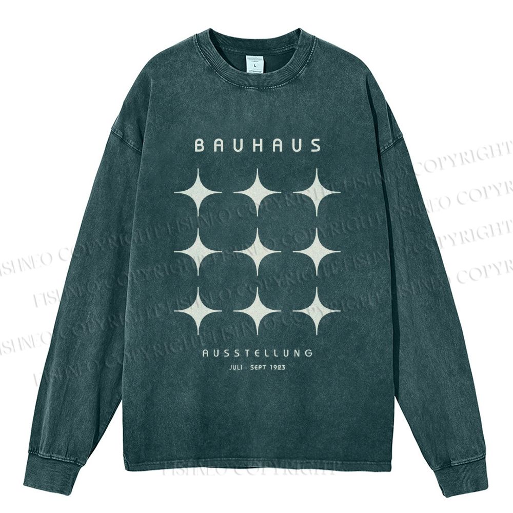 Unisex Casual Washed Bauhaus Design Star Printed Long Sleeve T-shirt