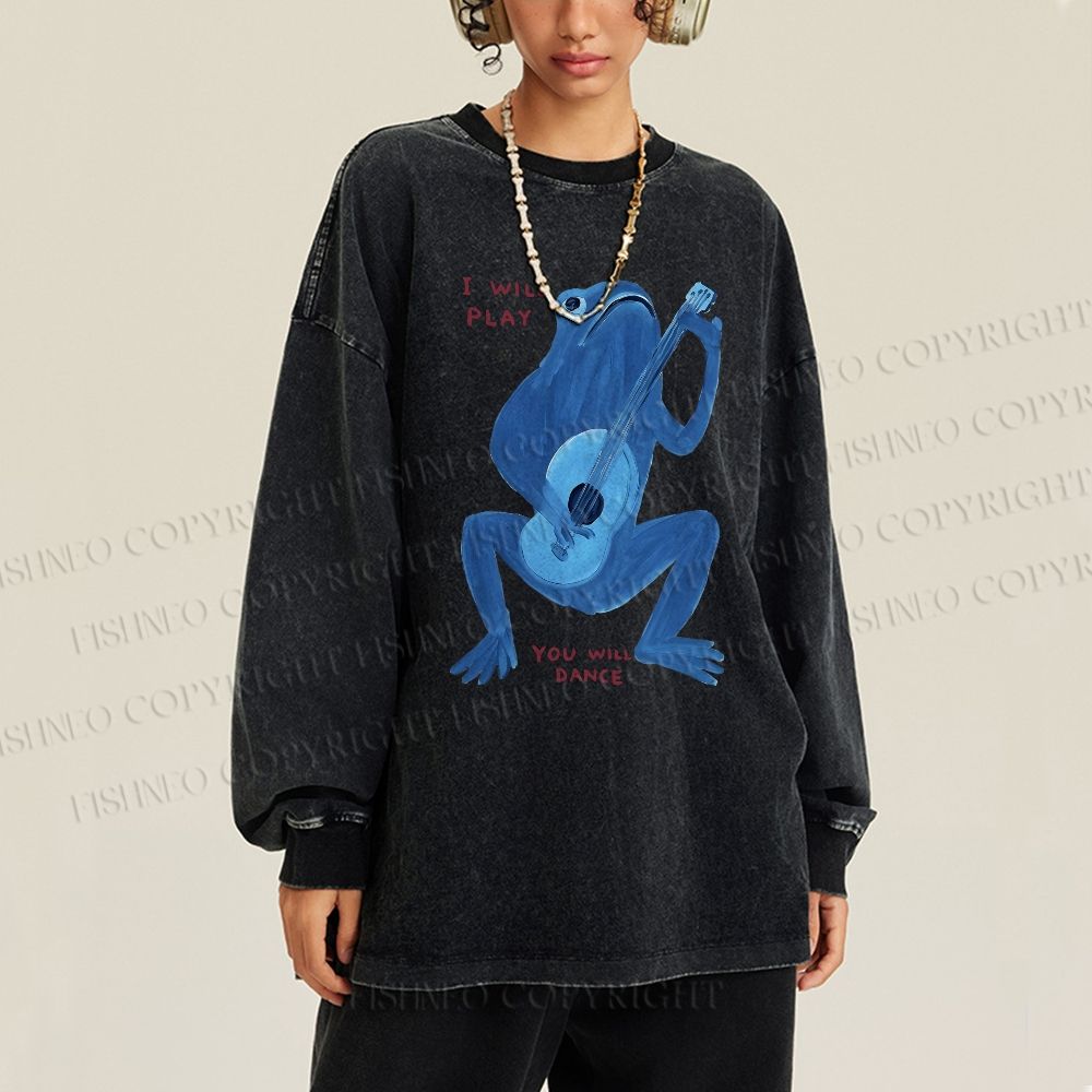 Unisex Casual Washed Blue Frog I Can Play You Can Dance Printed Long Sleeve T-shirt