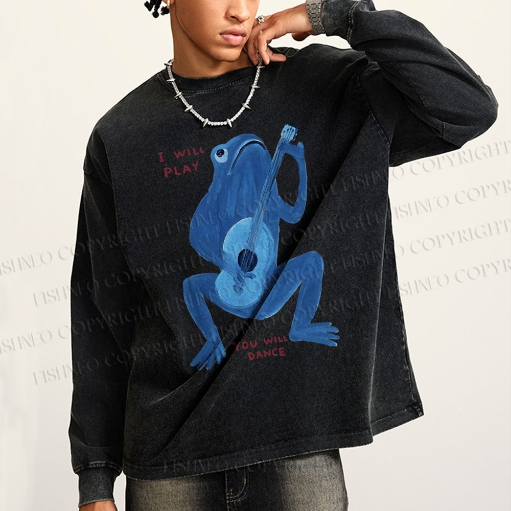 Unisex Casual Washed Blue Frog I Can Play You Can Dance Printed Long Sleeve T-shirt