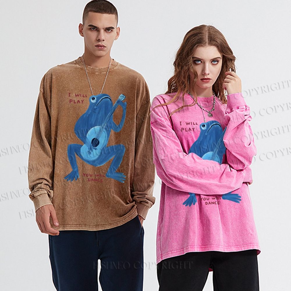 Unisex Casual Washed Blue Frog I Can Play You Can Dance Printed Long Sleeve T-shirt