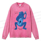 Unisex Casual Washed Blue Frog I Can Play You Can Dance Printed Long Sleeve T-shirt
