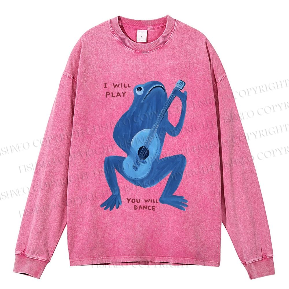 Unisex Casual Washed Blue Frog I Can Play You Can Dance Printed Long Sleeve T-shirt