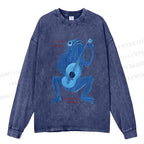 Unisex Casual Washed Blue Frog I Can Play You Can Dance Printed Long Sleeve T-shirt