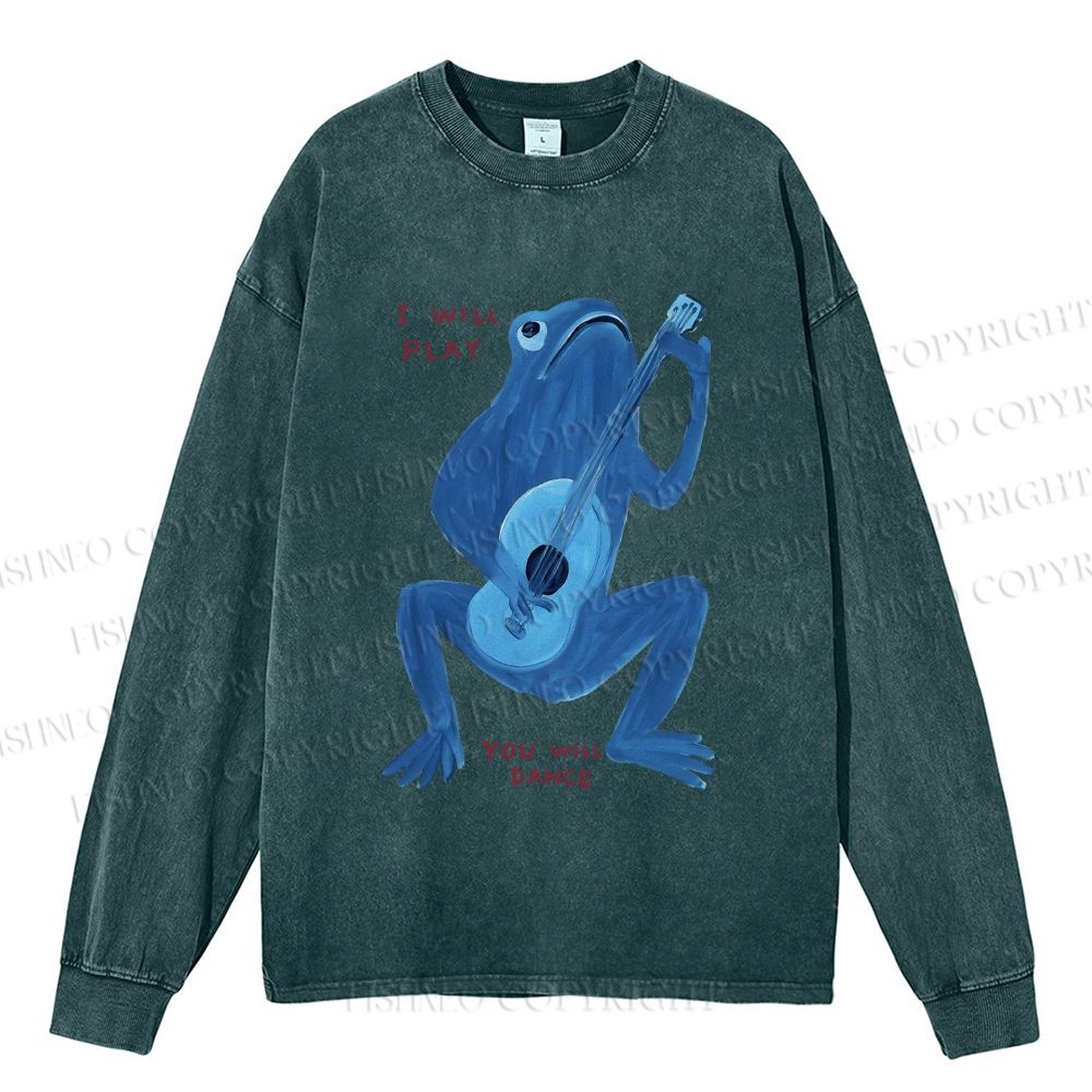 Unisex Casual Washed Blue Frog I Can Play You Can Dance Printed Long Sleeve T-shirt